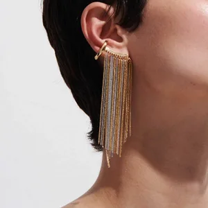 Vintage Trendy Unisex Long Tassel Clip Earrings 18K Gold Plated Stainless Steel Waterproof Two-Tone Chain