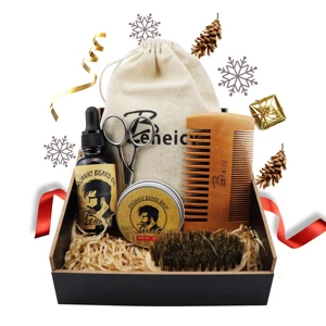 Private Label Custom Care Beard Growth Kit Organic Beard Oil Cleaning Cream Scissors Razor Brush Beard Comb Men's Grooming Kit