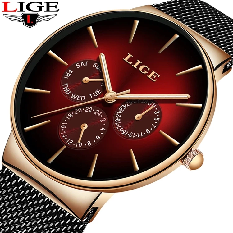 LIGE 9936 Fashion Mens Watches Quartz Watch Women Mesh