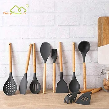 12Pcs Non-Stick Silicone Cooking Utensils Set Heat-Resistant Spatula Spoon  Bbq Clip Beech Handle Soup Ladle Kitchen Gadgets Set