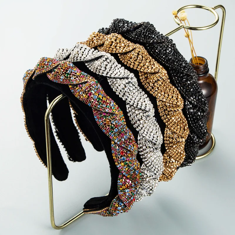 New handmade boutique luxury rhinestone floral fancy mid-wide flexible headband New handmade boutique floral top knot flexible wide headband  main image 4