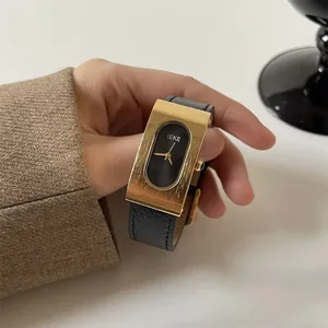 Luxury Vintage Women Watch Gold Leather Band Elegant Oval Quartz Watch for Woman Design Reloj Bracelet Business Antiques