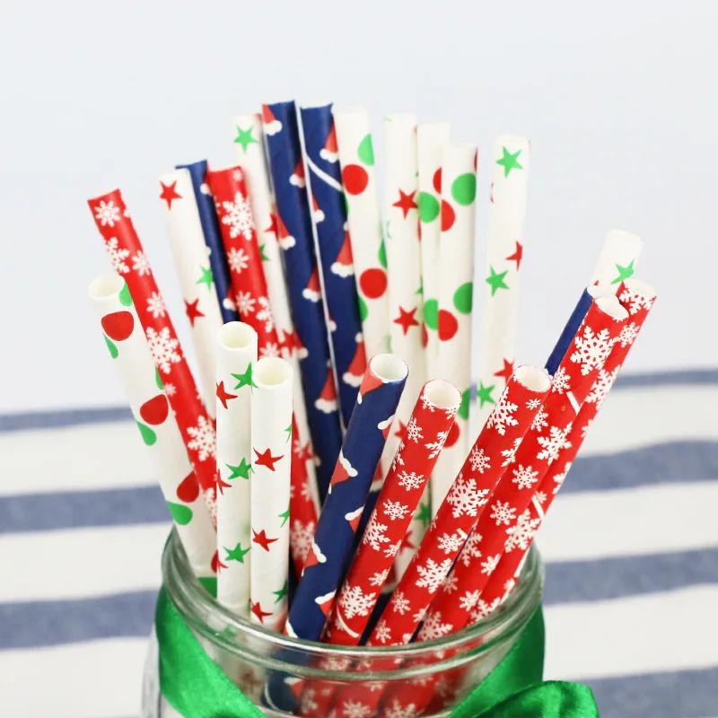 Customized Colorful Disposable Biodegradable Paper Spoon Straws Christmas Drinking Paper Straws