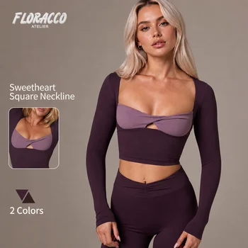 Color Contrast Patchwork Faux Two-piece Long-sleeve Top for Women, New Style Skinny Slimming Fitness Running Pilates Yoga Wear.