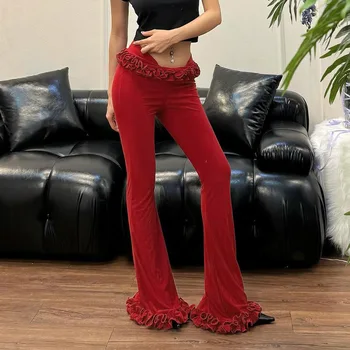 women's 2024 summer new American sweet spicy wind lotus lace slightly spicy fashion solid color low-waist pants women