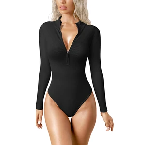Zipper Long Sleeve Sexy Bodysuit Women One Piece Triangle Body Top Bodysuits