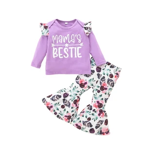 Mother's Day Cute Girls Clothing Sets Ruffle Sleeve Sweatshirt Floral Printed Flared Trousers Children Clothing Sets