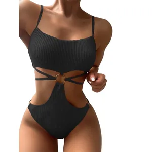 Cikini Ring Linked Cut-out One Piece Swimsuit Solid Color Summer Beach Swimwear Bathing Suit for Women