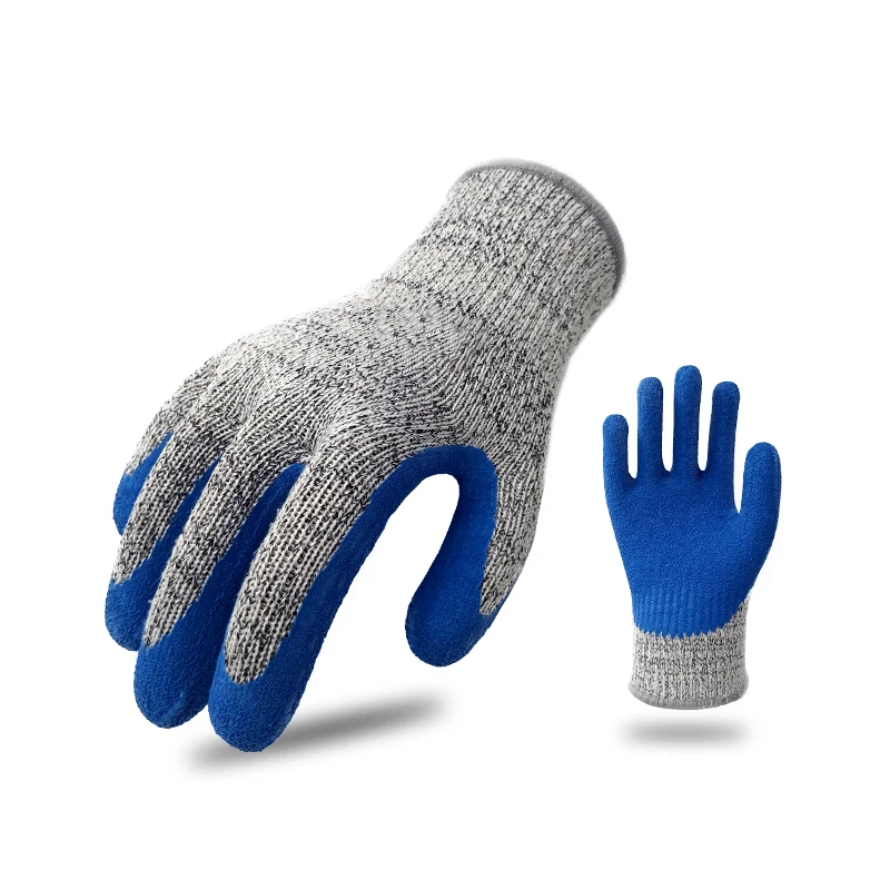 A3 level 10G HPPE/Glass/Cotton Knit Shell Wrinkle Latex Coated Palm Cut Resistant Safety Work Gloves