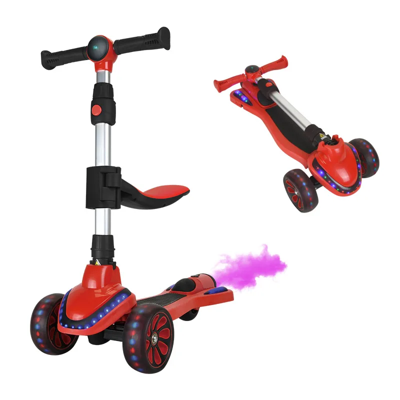 3 Wheel With LED Light 2 in 1 Folding Rocket Spray Smoke Bubble Seat for Children Manufacturer Kids Kick Foot Scooter for Sale
