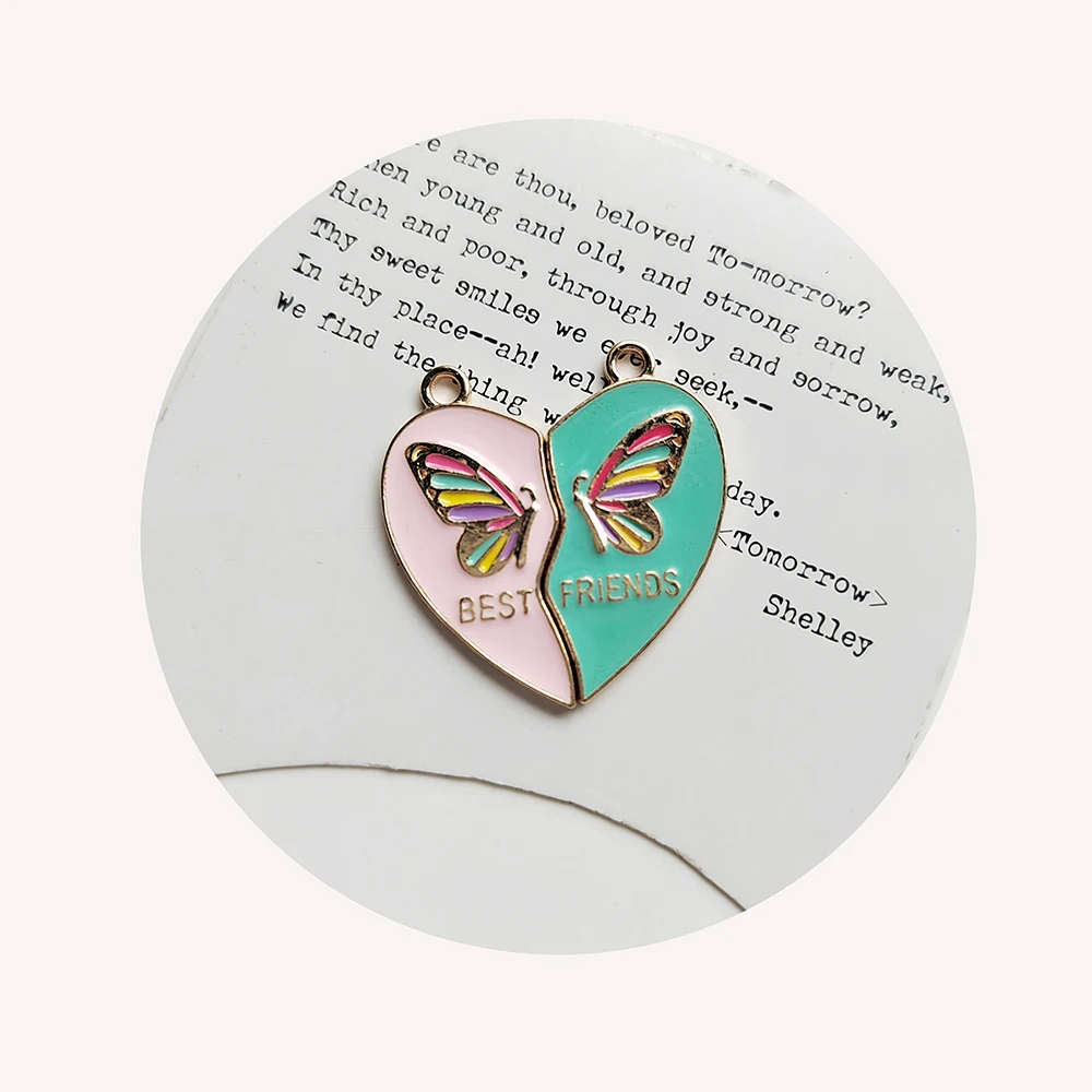 100Pairs Colorful Enamel Butterfly Heart Charms Best Friend