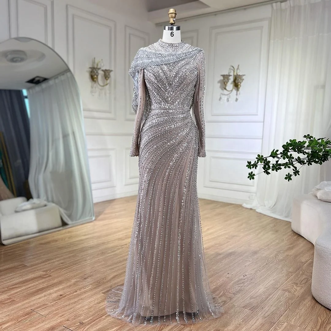 fitted lace wedding dress YQ052 Modest Nude Long Sleeves Beading Evening Dress Formal Muslim Gow –  YQLNNECouture main image 0