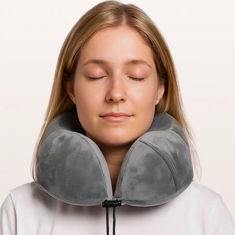 Factory Sell 100% Pure Memory Foam Travel Neck Pillow for Flight Headrest Sleep Portable Plane Accessories Grey with Pocket