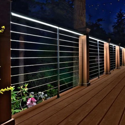 Contemporary style outdoor brushed stainless steel post tube handrail with led lights cable wire deck railing for villa