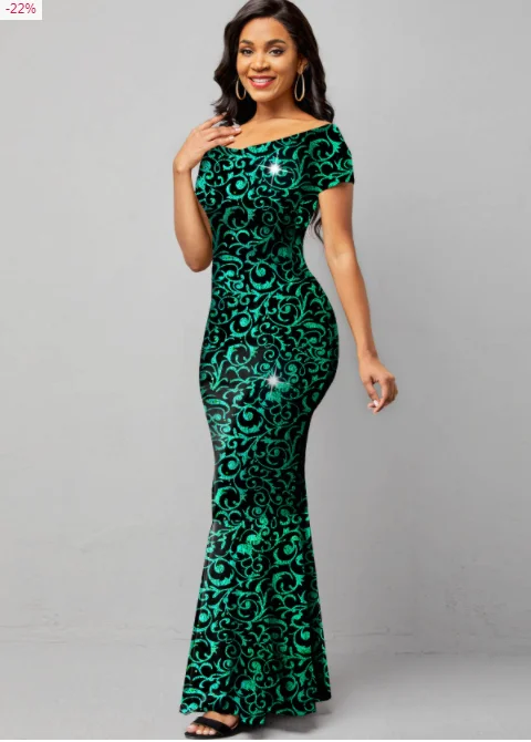 Hot Women Casual Dress Short Sleeve Off Shoulder Printed Mermaid Dress ...
