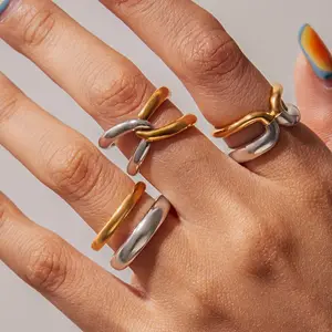 MW Women's Fashion 18K Gold-Plated Stainless Steel Two-Tone Double Layer X Shape Waterproof Ring with Simple and Stylish Lines