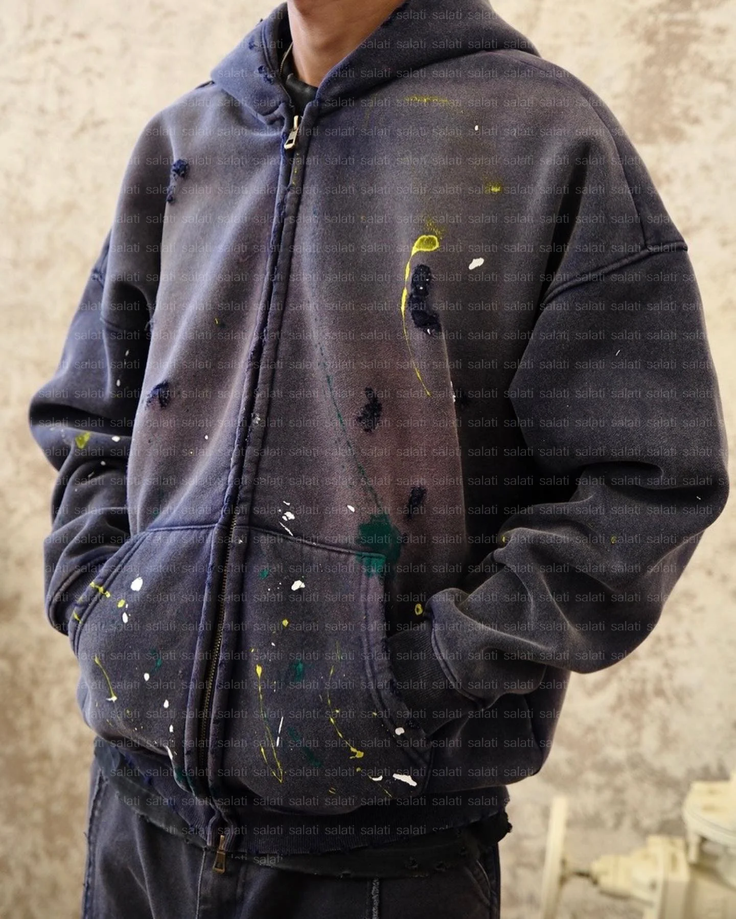 Custom Sun Faded Paint Spatter Cotton French Terry Thick Double Zip up Oversized Acid Wash Vintage Jacket Hommes Hoodies for Men gallery 2