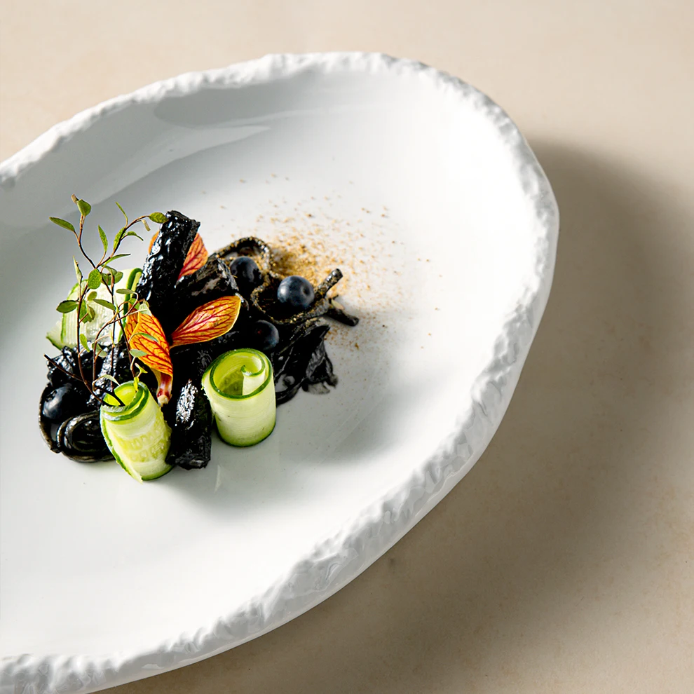 Japanese Style Korean Unique Design Ceramic Louas & Pratos Dish Catered Flat Bol White Fish Rock Stone Plate for Restaurants