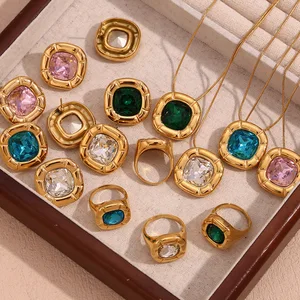 Fashion Jewelry Hip Hop Unisex Zircon Gold Plated Stainless Steel Square Earrings and Ring Sets for Parties and Gifts