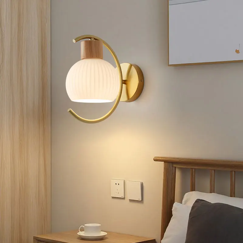 Original trästil Hotell Sovrum Sängbords Dekorativ LED-vägglampa Enkel Kreativ Ingång Gång Glas E27 Vägglampa