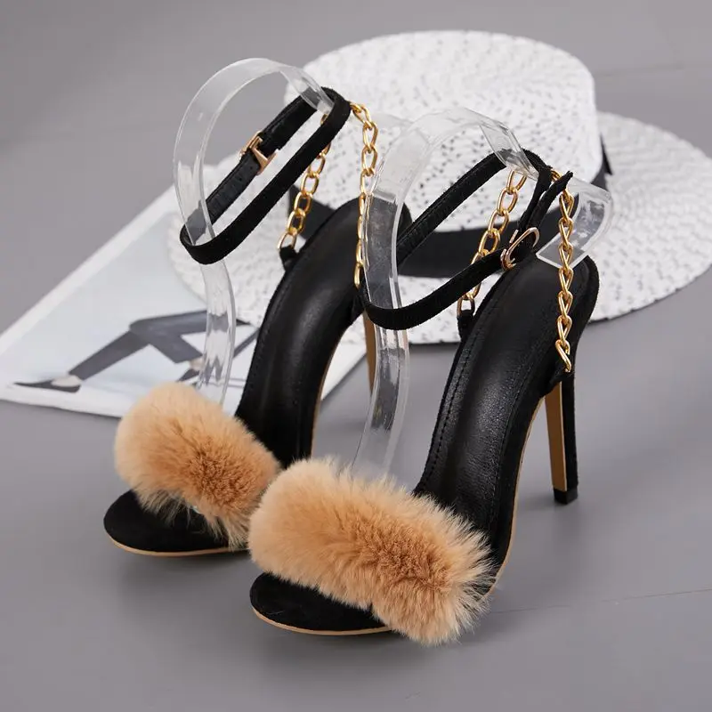 Real Wool High Heels Shoes Gold Chain 