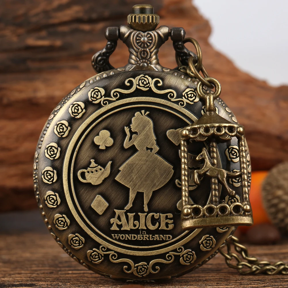 Alice in Wonderland Pocket Watch Necklace - Steampunk Quartz display picture 2