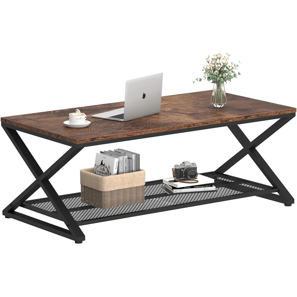 Modern Coffee Table Storage Industrial Wood Metal 2 Tier Mesh Shelf Living Room Table Low Rectangle Cocktail Tea Table Office