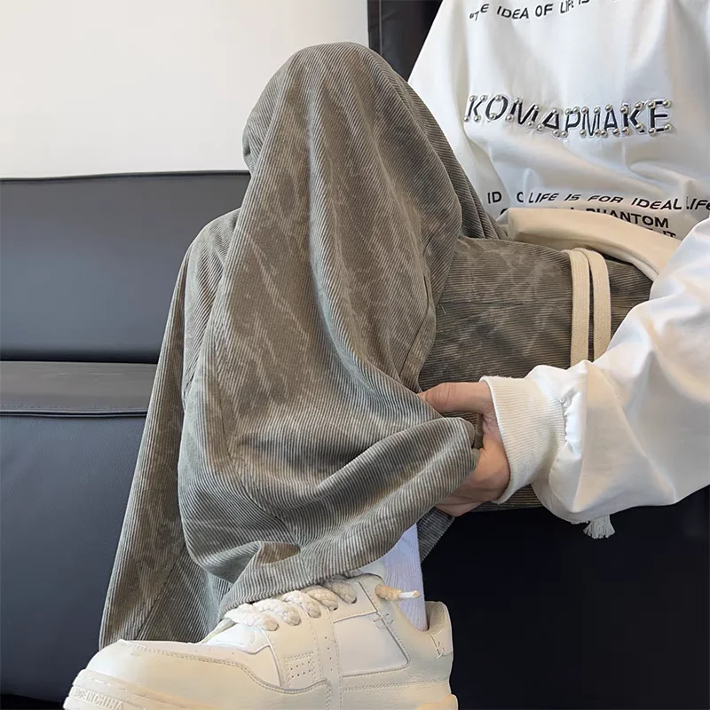 Spot Men's and Women's Fashion Street Hip-hop Casual Loose Spring and Autumn Straight Sports Tie-dye Corduroy Wide-leg Trousers