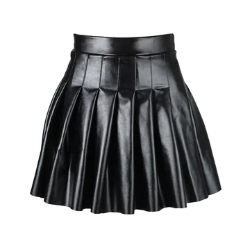 Women PU Leather Pleated Skirt Ladies Solid Color Side Invisible Zipper A-line Flared Skirt