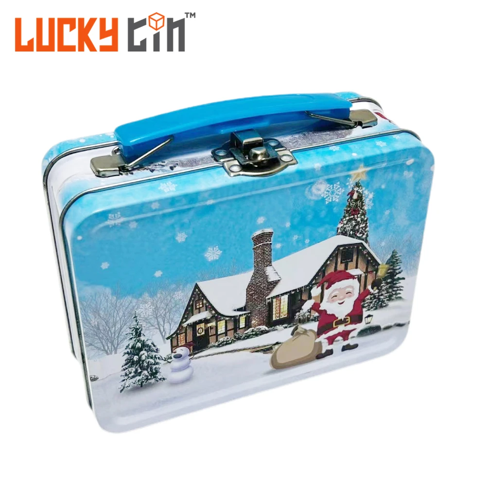 Custom Printing Vintage Tinplate Packaging Rectangular Metal Box Christmas Biscuit Candy Tin Lunch Box With Handle