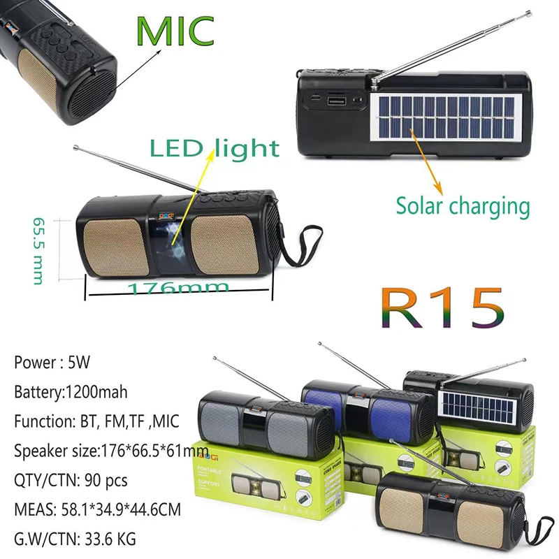 R15 Solar Charging Wireless Stereo Woofer Bass BT Speakers Outdoor Portable RGB LED Light Microphone FM Radio Active Speakers