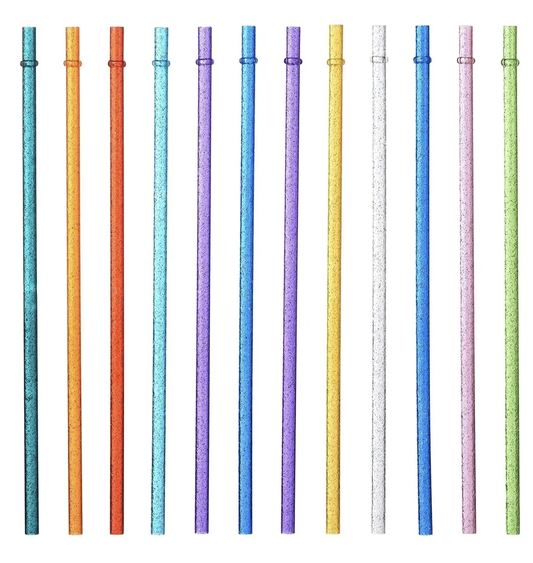 Reusable Clear Plastic Glitter Straws With Brush, Long Hard