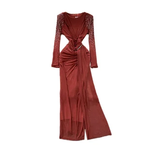 Customize Summer Sustainable Breathable Casual Woven Draped Roman O-Neck Slim Pleated Midi Dress for Women Empire Mesh