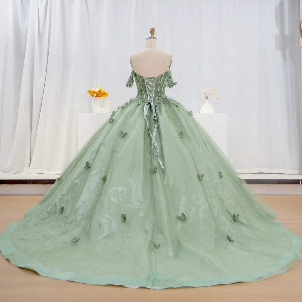 Light Green Off the Shoulder Ball Gown Quinceanera Dresses for Girls Beaded  3D Flowers Birthday Party Gowns Lsyb08
