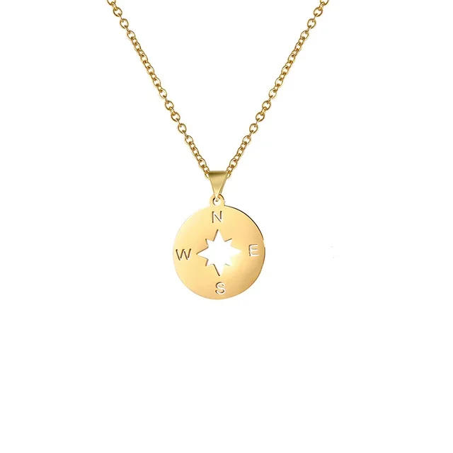 Women and Men's Unique Design Stainless Steel Necklaces Hollow round Compass Pendant with Gold Plating Wholesale Stock Jewelry