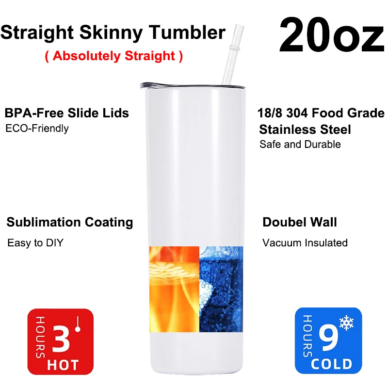 Бесплатная доставка со склада в США 20 унций 20 унций самодельные двойные стенки из нержавеющей стали тонкие прямые белые чашки сублимационные заготовки стакан