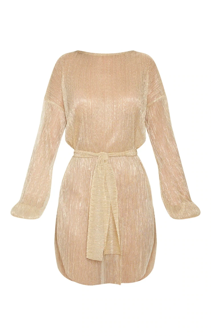 OEM Factory Wholesales Party Dress Sexy GOLD PLISSE BALLOON SLEEVE BELTED  SHEER SHIFT DRESS