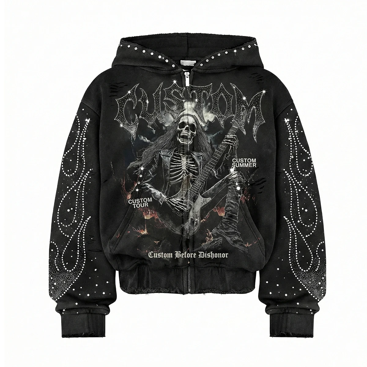 Men's Hoodies & Sweatshirts with Graphic Print Distressed  Rhinestone Zip up Jacket Acid Wash Vintage Washed Streetwear Hoodie