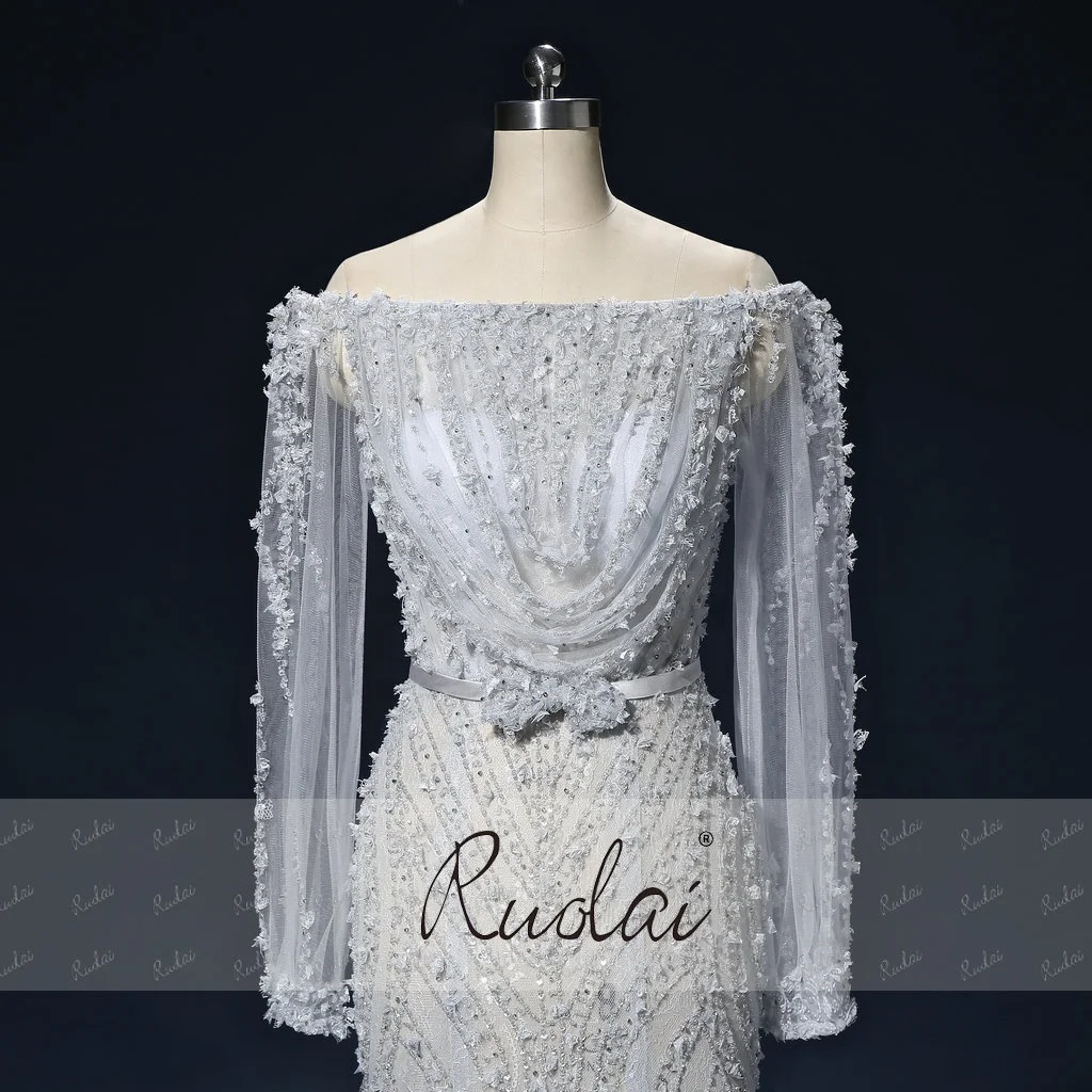 PEV-L3058 Luxury Heavy Beaded Party Gowns See Through Long Sleeve Customized Sexy Off Shoulder Evening Dress From Istanbul
