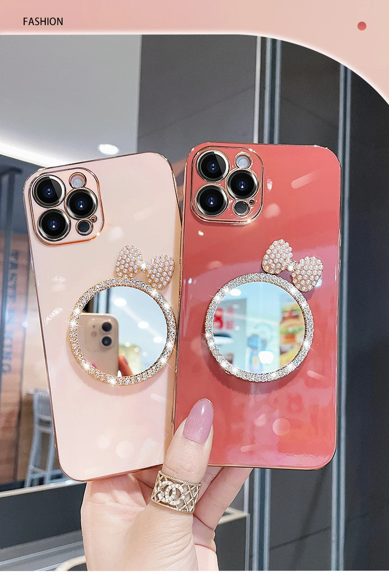 Makeup Mirrored Phone Case Fundas De Lujo Para For iphone 13 14 12 Pro Max Butterfly Diamond Bling Cases Cover For Women Girls supplier