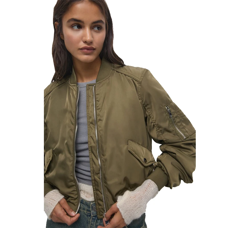 100% Nylon Padded Quilted Basic Custom Silk Screen Printing Logo Military Green Cropped Bomber Jackets for Women