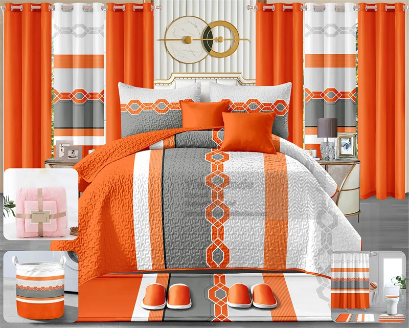 Wholesale 24pcs Print Bedding Set with Matching Curtains Luxury Cotton Bedsheet Bathroom Set Bedspreads Quilts for king Size Bed