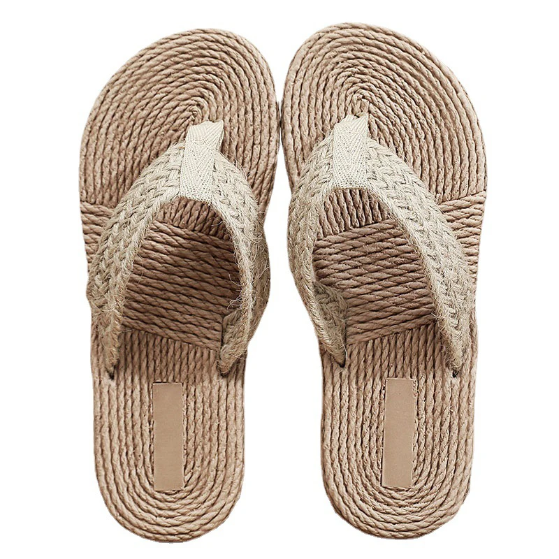 Tongs Femmes En Paille Naturelle Antidérapantes - Sandales Été Bohème Rose