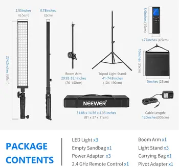 Neewer 2.4G RGB LED Light Stick 3-Pack Photography Lighting Kit with Remote Control Boom Arm and Bag for Studio Photography product image