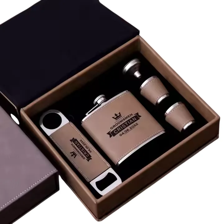 Personalized Custom 6oz Hip Flask and Bottle Opener Wedding Men Birthday Box Laser Engraved Leatherette Groomsmen Gift Set