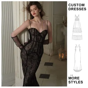 Custom LOGO OEM Casual Elegant Bodycon Maxi Bandage Skirt Low Cut Sexy Lace Tight Women's French Hip Wrap Long Skirt