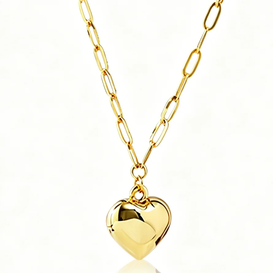AU750 Custom 10k 14k 18k Solid Gold Link Chain Necklace with Heart