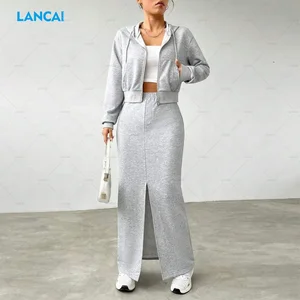 2025 Fall Winter Women 2 Piece Sweatsuit Outfits Customized Grey Cropped Zip-up Hoodie and Matching Sweat Skirt Set