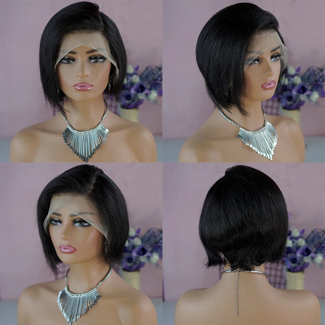 Pixie kirpimo perukas, permatomi nėriniai, žmogaus plaukai, perukai moterims, tiesūs, trumpi, Bobo formos perukai, T dalies, nėriniai, išpešioti, braziliški žmogaus plaukai_voghion.com