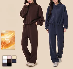 Womens Fleece 2 Piece Outfits Sets Crop Hoodies Tops Elastic Waist Jogger Pants Sweatsuits